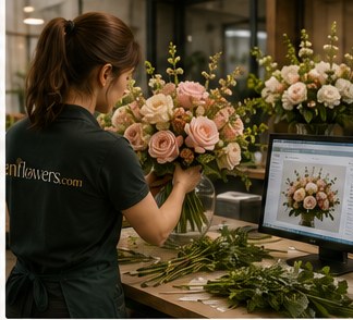 An enflowers florist arranging a bouquet at the counter
