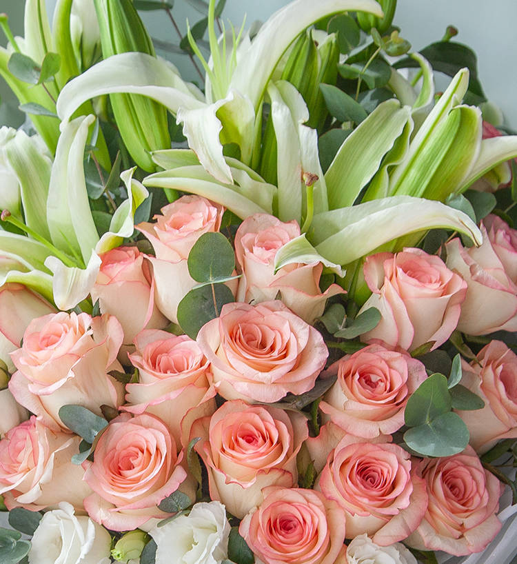 Nineteen Roses & White Perfume Lilies & White Lisianthus Bouquet — alternate view