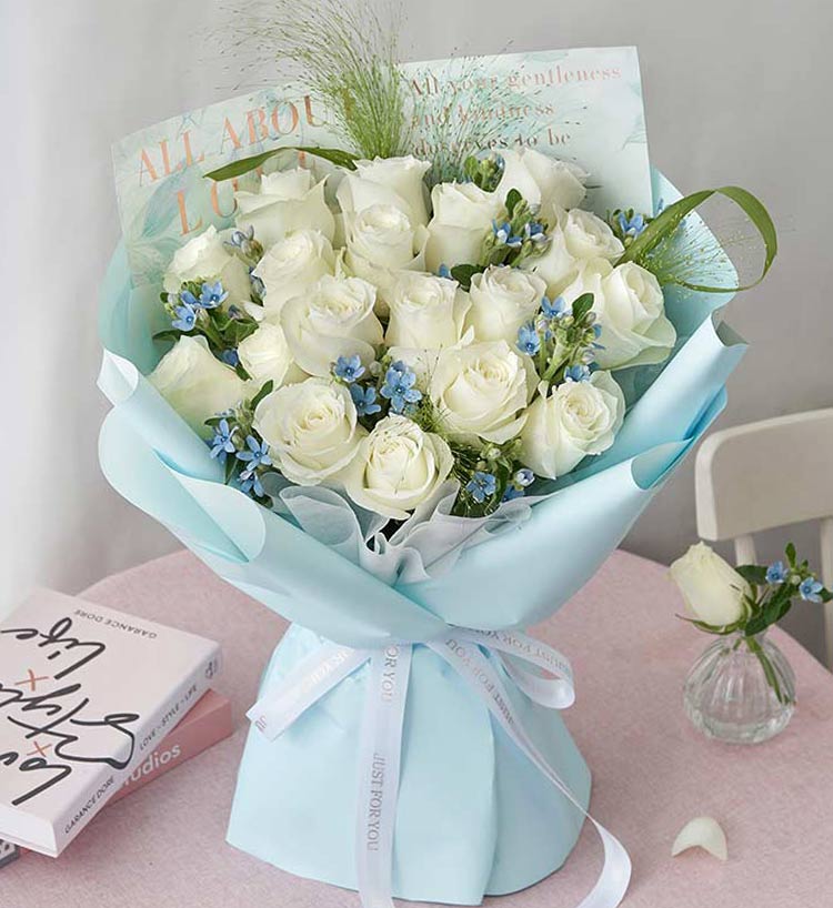 Nineteen Roses & Blue Star Flowers & Fountain Grass Bouquet