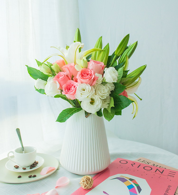 Eleven Roses & White Perfume Lilies & White Lisianthus Bouquet — alternate view