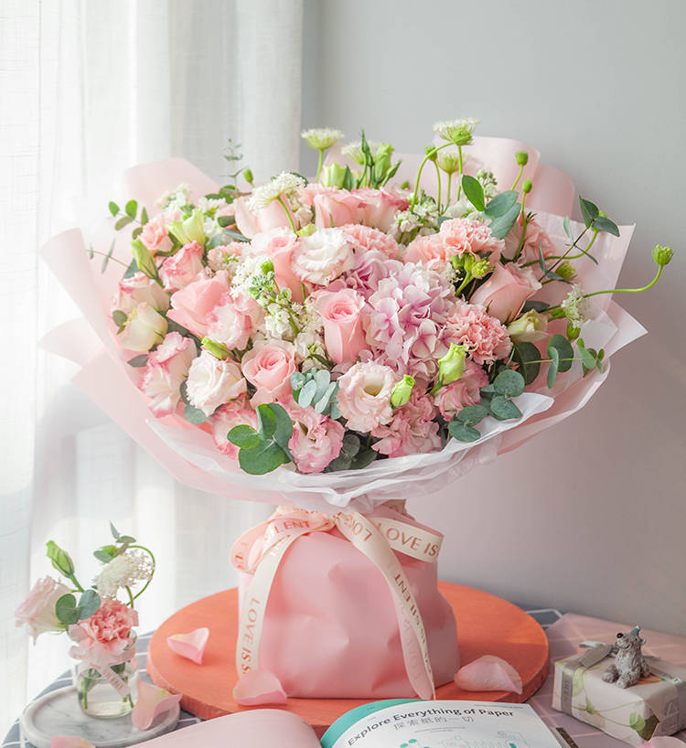 Eleven Pink Roses & White Stock Flowers & Stock Flowers Bouquet