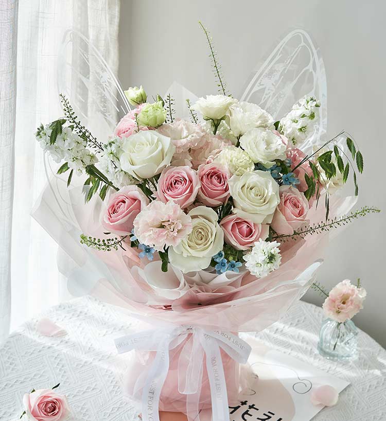 Four Pink Roses & White Stock Flowers & Blue Star Flowers & Pink Ruffled Balloon Flowers & Stock Flowers Bouquet