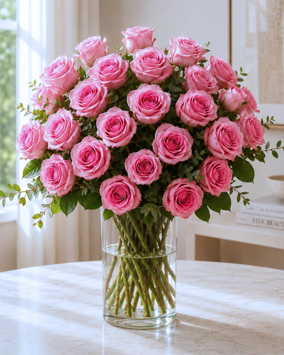 Two Dozen Pink Roses with Vase